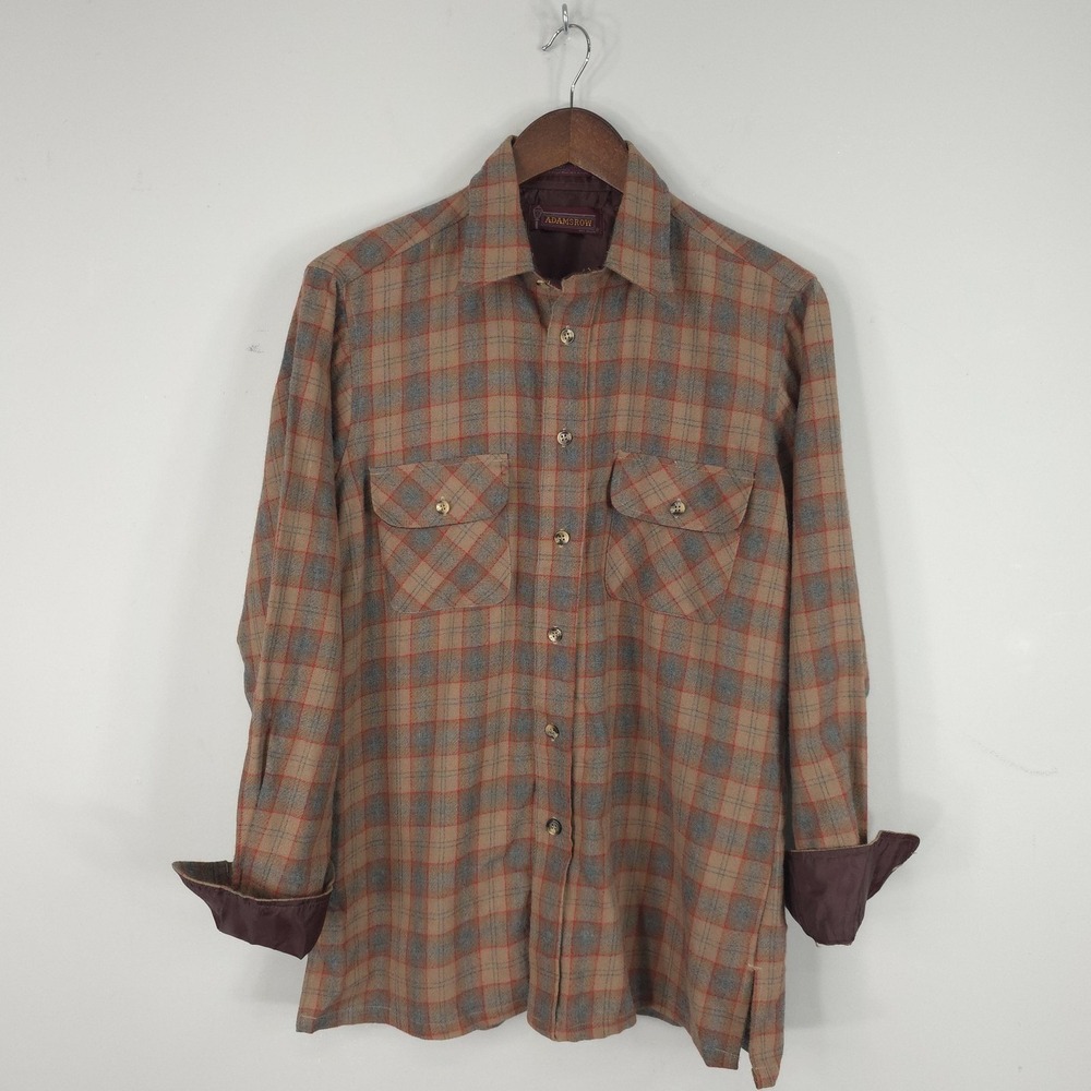 Vyg Adams Row Shirt Mens Medium Beige Plaid Long Sleeve Wool Flannel Pockets